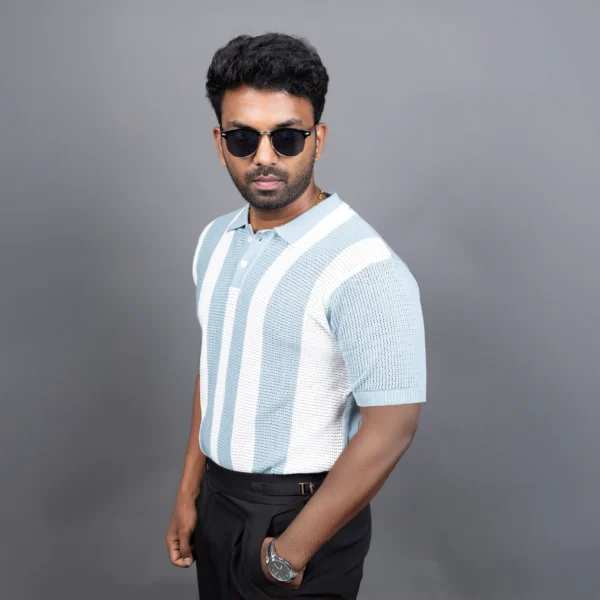 Light Blue and White Vertical Stripe Crochet Polo - Image 2