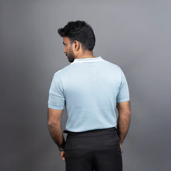 Light Blue and White Vertical Stripe Crochet Polo - Image 3